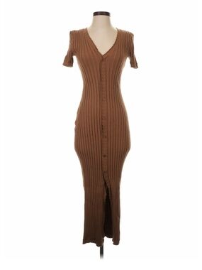 Endless Rose Brown Ribbed Button-Front Maxi Dress